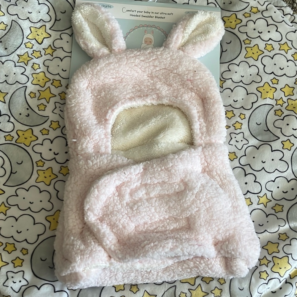 Fuzzy Pink Bunny Hooded Swaddle Wearable Blanket
